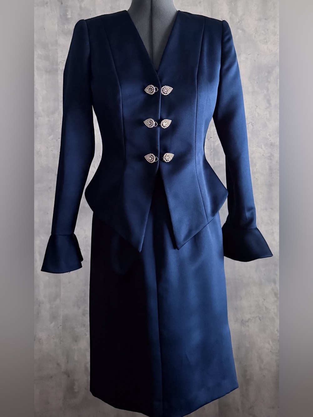 Vtg After Five Julie Duroche Skirt Suit 4 Navy Blue Peplum Rhinestone Cocktail